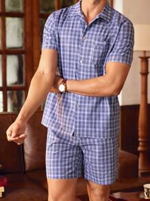 EverLounge Men's Plaid Short Sleeve Shorts Pajama Set - Blue - View 5