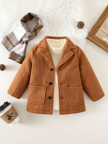 SHEIN Conjunto de abrigo y bufanda a cuadros para niño, abrigo clásico vintage en caqui, cómodo y casual, versátil para interior, exterior, uso diario, deportes, juego, fiesta, sesión de fotos, vacaciones, abrigos de otoño/invierno para niño, chaqueta de bebé con bufanda, blazer para bebé, abrigo de invierno para bebé niño - Caqui - Ver 4