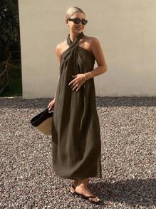 Livesso 女式纯色宽松 V 领挂脖休闲节日连衣裙，夏季 - 棕色 - 查看 5
