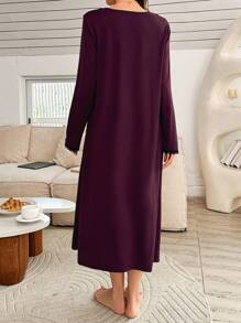 Moonlight&Mama Maternity Women Casual Lace Patchwork Aweetheart Neck Loose Long Sleeve Nightdress, Fall, Winter - Burgundy - View 2