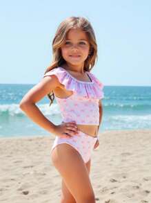 SHEIN 2件套女童条纹蝴蝶结荷叶边泳衣上衣和短裤套装 - 粉色 - 查看 2