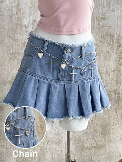 Attitoon Women Frayed Hem Pleated Denim A-Line Midi Skirt,Summer Casual Street Style Ultra-Low Waist Pleated Denim Skirt With Distressed Vintage Wash And Decorative Chain,Y2k Skirts,Back To School,Country Concert,Birthday,Cute Summer Skirts,Grunge Skirts,Raves,Funny Skirts,Airport,Hawaii,Streetwear Women,Y2k Women,Coquette Skirts,Vintage Women,Gyaru Skirts,Cowgirl