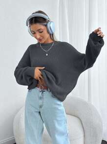 EURMUSE 女士纯色圆领落肩厚实套头衫 - 深灰色 - 查看 4