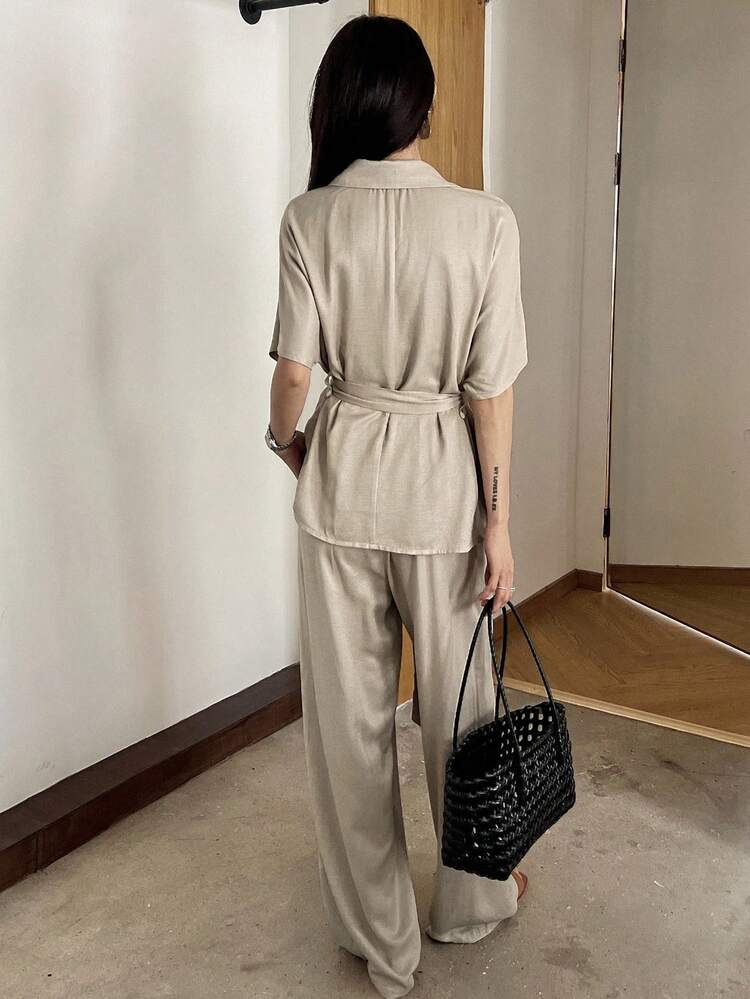 2pcs/Set Women Summer Short Sleeve Cinched Waist Top And Loose Casual Wide Leg Pants Co-Ord Set