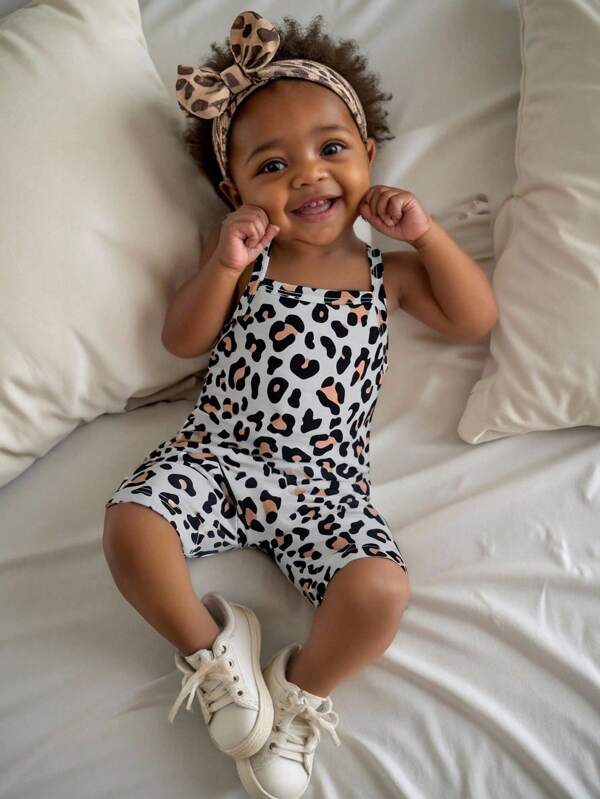SHEIN Baby Girl Casual Street Style Leopard Print Jumpsuit, Versatile For Homewear And Outdoor