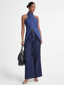 Daynim 女式露背吊带短款牛仔上衣，露背上衣 - 淺色水洗藍 - 查看 3