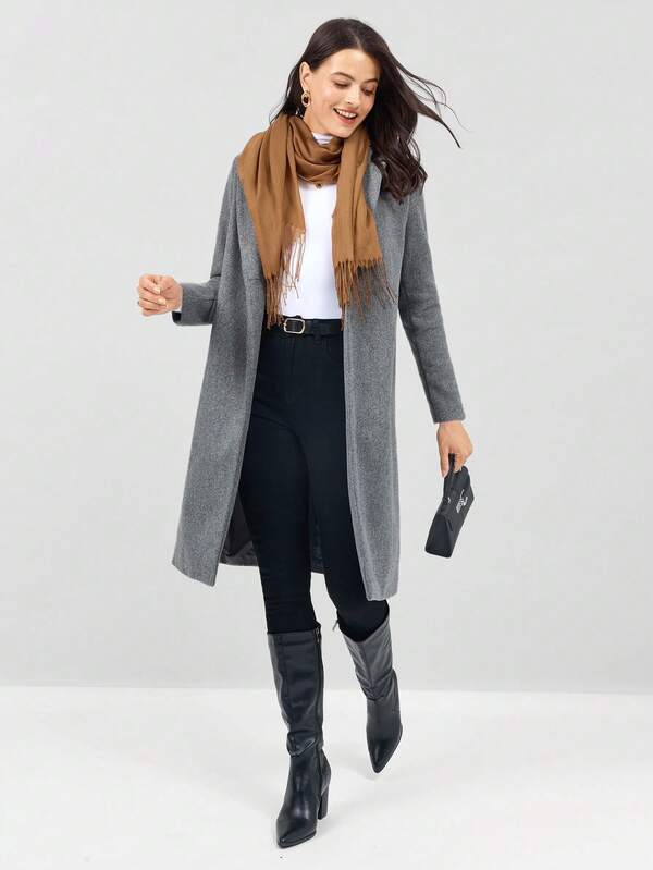 Miaspire Abrigo largo de lana gris para mujer, ropa de mujer para otoño, chaqueta de mujer, blazer de lana, ropa de abrigo para mujer, abrigo gris oscuro, ropa de oficina para mujer, ropa casual de viaje para mujer, serie gris gris