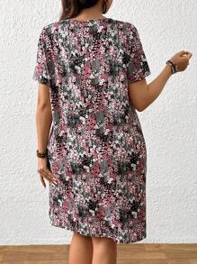 EMERY ROSE 大码女式夏季度假风格拼布印花短袖宽松休闲连衣裙