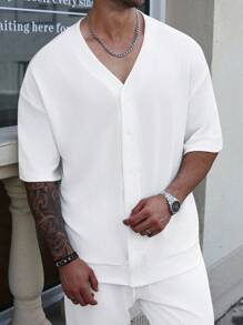 Manfinity Homme Plus Size Men's Solid Color Short Sleeve Single-Breasted Shirt And Pants Casual 2-Piece Set - White - View 4