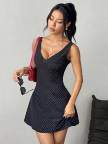 Flirla Women White Polka Dot V-Neck Backless Tied Dress, Bohemian Style, Casual And Sexy, Spring/Summer - Black - View 5