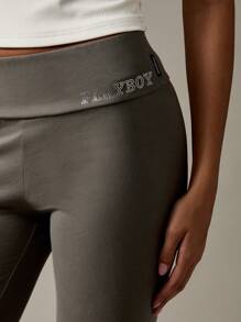Missguided x Playboy High Waisted Capri Leggings Rhinestone Logo Detail Yoga Active Wear Fold Over Waistband Pants