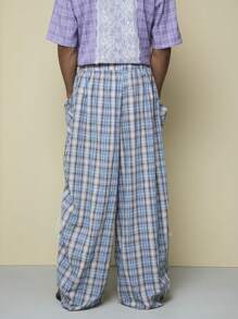 COUREZ 男女皆宜的宽松灯笼格纹褶皱长裤 / Y2K 度假装扮 女装 夏季外出装扮 可爱 - 藍色 - 查看 6