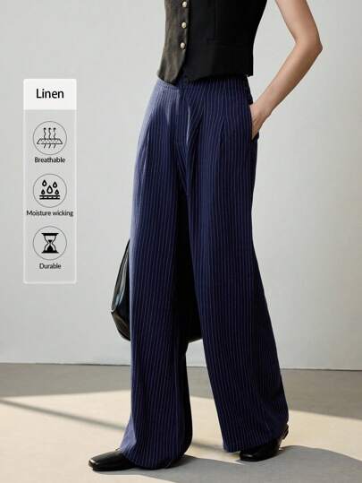 Uhlyne 女士亚麻通勤长裤，简约修身，亚麻条纹直筒裤，秋季