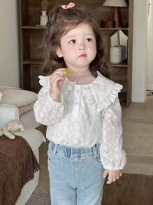 Dazy Kids 女婴蕾丝蝴蝶结休闲长袖上衣，幼儿秋装 - 白色 - 查看 2
