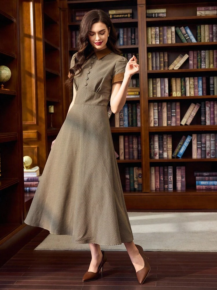 Vintamour Vestido retro clásico y elegante para mujer con bloques de color a cuadros, cuello, manga corta, silueta entallada y acampanada, apropiado para primavera/verano - Café - Añade 4