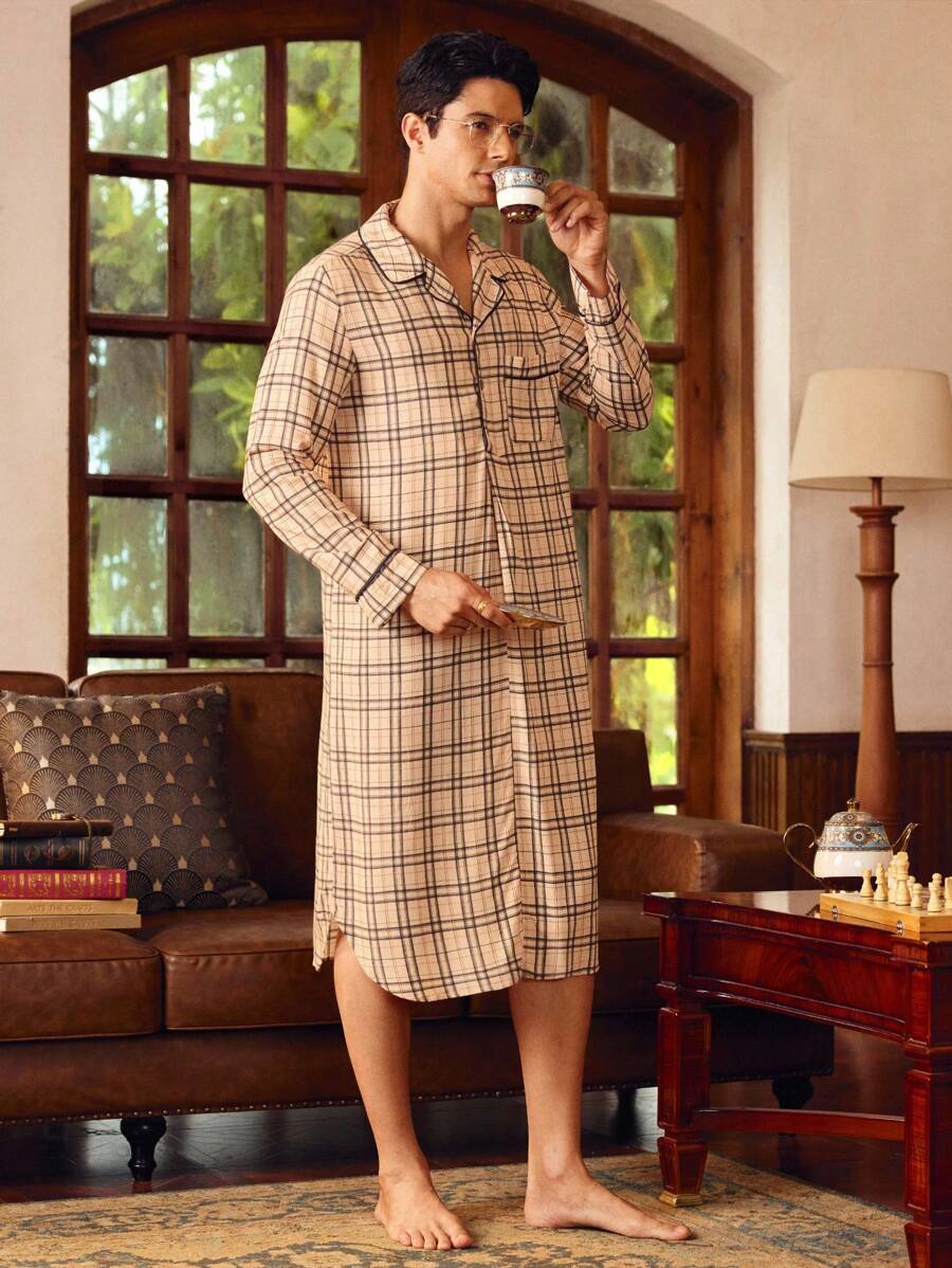 Manfinity Men's Plaid Collar Long Sleeve Sleepwear Robe - Multicolor - View 1