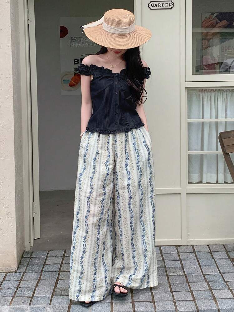 2pcs Women Set: Ruffled Trim Off Shoulder Top & Floral Wide Leg Pants Summer Pants Sets