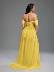 SHEIN 简约纯色露肩孕妇拍摄礼服 - 黃色 - 查看 2