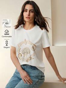 Anewsta Heavy Print Handmade Beaded Round Neck Versatile Regular Shoulder Short Sleeve T-Shirt - White - View 2