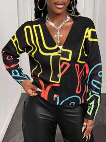 BamGleam 女士时尚字母涂鸦印花深 V 领长袖休闲宽松针织开衫 - 藏蓝色 - 查看 1