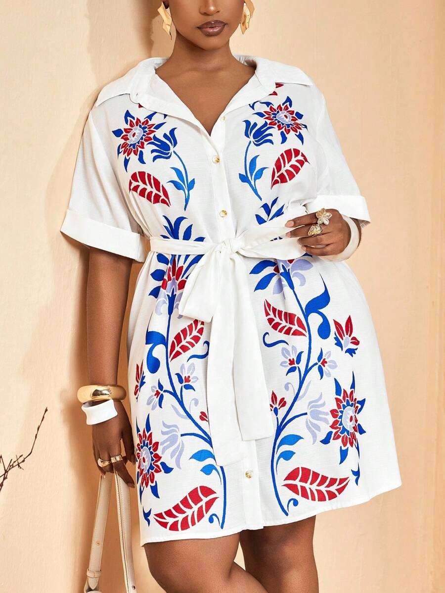 Veslaya 2025春夏大码复古西部/热带度假/音乐节/夜店/公路旅行/自然之旅/休闲/城市度假/毕业典礼/优雅假日连衣裙 - 白色波西米亚复古印花立领短袖系腰H字迷你衬衫裙 大码衬衫裙 夏季大码度假装 - 白色 - 查看 1