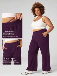 GLOWMODE Modal Plus Size Wide Leg Built-In Adjustable Drawstring Waist Pants With Side Pockets Daily Casual