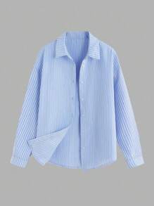 SHEIN Teen Girl Comfortable Simple Loose Contrast Elastic Waist Stripe Printed Wide-Leg Pants White Tube Top Blue Stripe Cropped Long Sleeve Shirt 3 Pieces Set - Blue and White - View 14