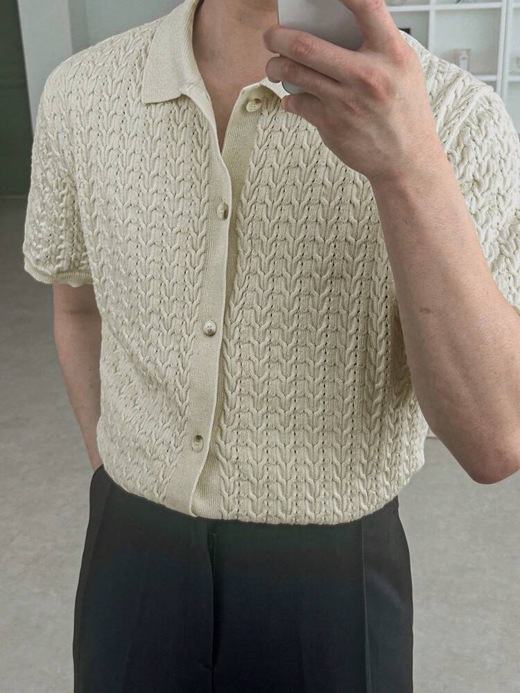 Spring/Summer Plain Beige Textured Fabric Cardigan Sweater For Men