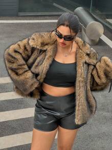 Muchica Plus Size Casual Turndown Collar Open Front Faux Fur Coat Winter Fall Autumn - Brown - View 5