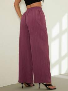 SHEIN PETITE 女士休闲纯色纹理面料抽绳腰斜口袋阔腿宽松裤 - Bold Plum - 查看 3