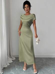 Rafferiza 女士优雅约会/办公室装高领系带短袖缎面连衣裙