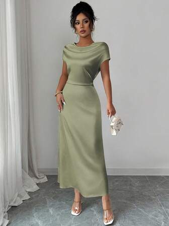 Rafferiza 女士优雅约会/办公室装高领系带短袖缎面连衣裙