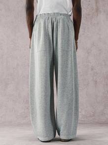 Manfinity Hypemode Quần nỉ nam màu trơn có dây rút ở eo, túi rộng rãi, thường ngày - Xám - Xem 3