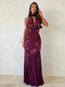 Aloruh 女士派对连衣裙、约会连衣裙、下午茶连衣裙、酒红色、栗色、梅红色、垂坠领结连衣裙、亮片连衣裙、女士超长连衣裙 连衣裙 女士秋季女装 女士秋季连衣裙 优雅女士连衣裙 - 紫紅色 - 查看 3