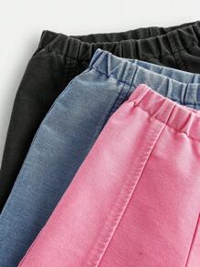 Tween Girl 3-Piece Washed Denim Bike Shorts Set, 3 Colors, Comfortable Stretchy Knitted Denim Cotton Fabric, Elastic Waistband, Front Ripped Design Details, Denim Casual Street Style, School, Outdoor, Sports Essential Versatile Denim Piece - Multicolor - View 4