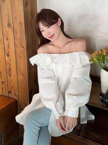 DAZY Damen Off-Shoulder Rüschen Lässig Einfarbig Frisch Koreanischer Stil Langarm Bluse, Herbstmode für Frauen - Weiss - Übersicht 1
