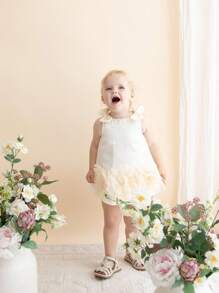 可爱优雅的杏色花朵蝴蝶结无袖女婴连衣裙 - 杏色 - 查看 9