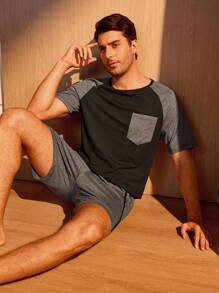 Manfinity Underwear&Sleepwear Basics Men Colourblock Raglan Sleeve Tee & Shorts PJ Set - Multicolor - View 1