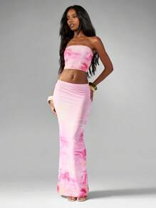 MISSGUIDED 棕榈树天堂套装热带印花抹胸短款上衣高腰超长裙度假沙滩装夏季节日派对晚会 - 彩色 - 查看 1