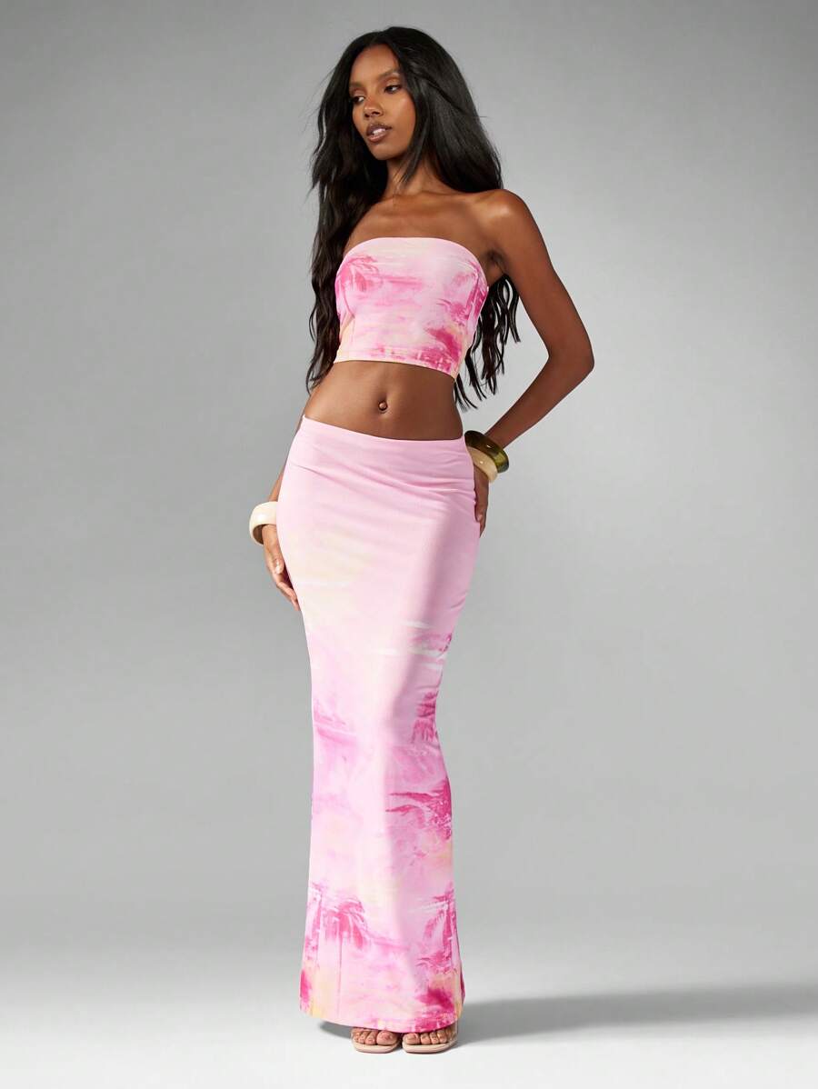 MISSGUIDED 棕榈树天堂套装热带印花抹胸短款上衣高腰超长裙度假沙滩装夏季节日派对晚会 - 彩色 - 查看 1
