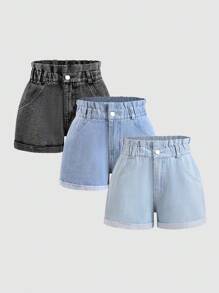 Sparklyn 少女三件套牛仔短裤：3条不同颜色的宽松腰部牛仔短裤，时尚百搭的夏季水洗牛仔短裤 - 彩色 - 查看 7