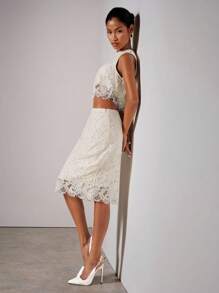 COSMINA 四季两件套女士优雅无袖蕾丝上衣和裙子，女士休闲套装，生日装，婚礼宾客礼服，外出装 - 白色 - 查看 5