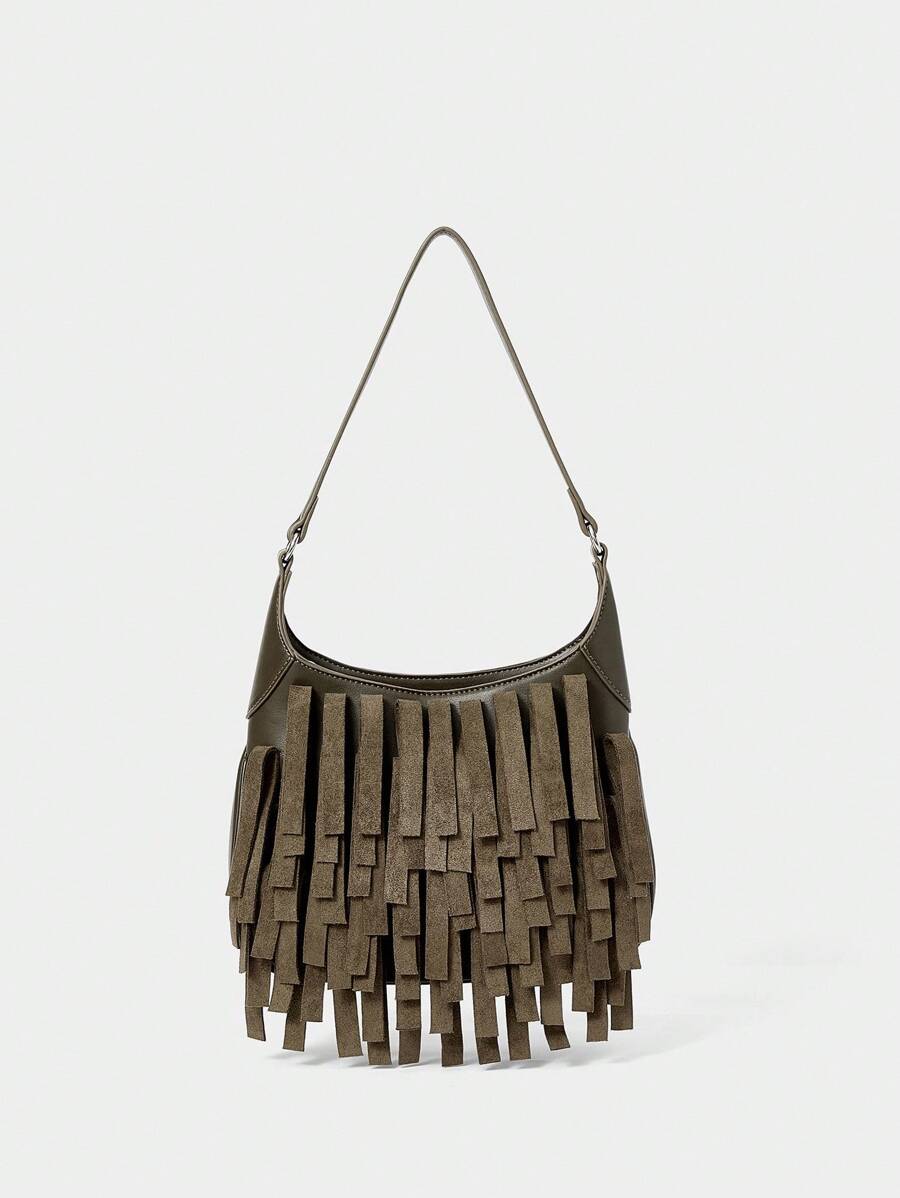 SHECARRY Ladies, Women Shoulder Bag, Hobo Bag, Tassels, Fashionable, Personalized, Simple, Versatile, Street, Sweet And Cool Girls, Hot Girls, Y2k, Retro, Vintage - Army Green - View 1