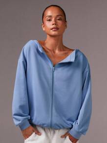 Athîral 女士纯色落肩拉链宽松休闲卫衣，返校季，秋季女装，大码 - 藍色 - 查看 2