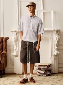 SWAVVY 2pcs Men's Woven Fashionable Casual Loose Fit Short Sleeve Shirt And Elasticated Waist Straight Leg Shorts Set