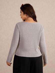 Elaquor Plus Size Women Casual All-Match Solid Color Elastic Ribbed Long Sleeve T-Shirt, Autumn,Business Casual Woman,Fall Clothes For Women - Grey - View 2