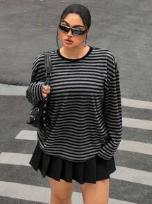 Muchica Plus Size Casual Drop Shoulder Loose Striped T-Shirt For Spring/Autumn,Fall Clothes For Women