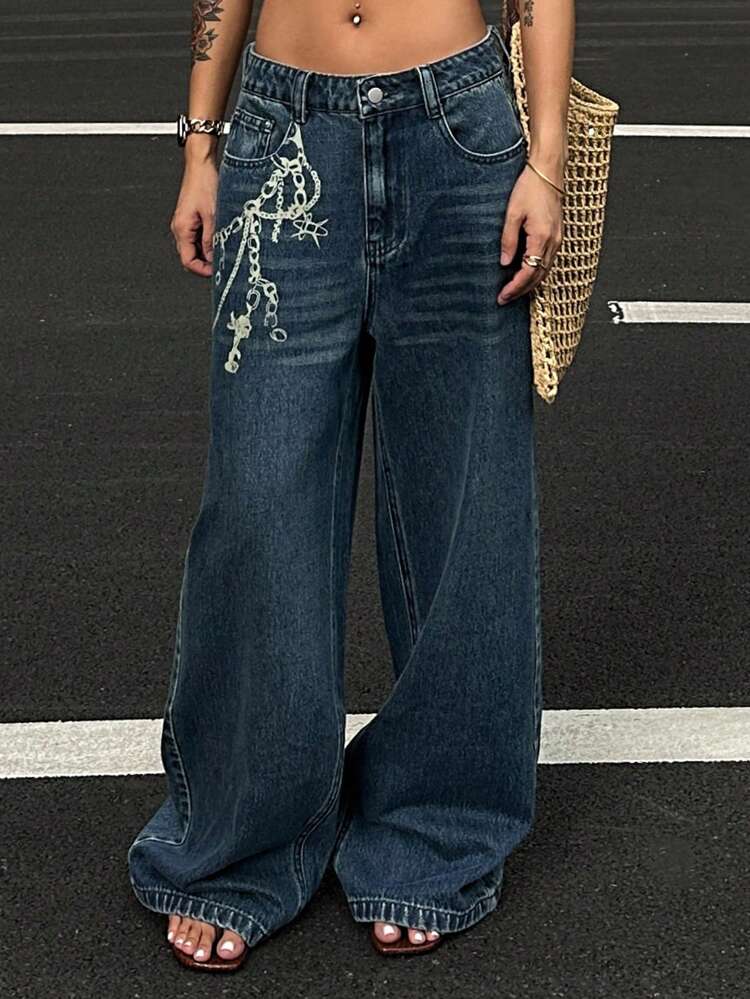 Women's Chain Print Casual Loose Straight Leg Jeans, Street Style