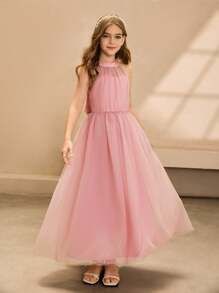 女童礼服公主风格无袖生日派对薄纱礼服，适合花童/婚礼/钢琴演奏会 - 粉色 - 查看 7