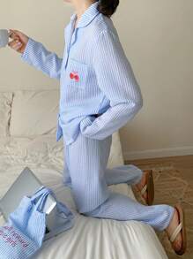 青少年女孩简约时尚休闲浅蓝色开衫和条纹刺绣长袖上衣配裤子睡衣套装蓝色条纹睡衣套装可爱睡衣套装纽扣睡衣套装浅蓝色睡衣女士睡衣套装 - 淺藍色 - 查看 1
